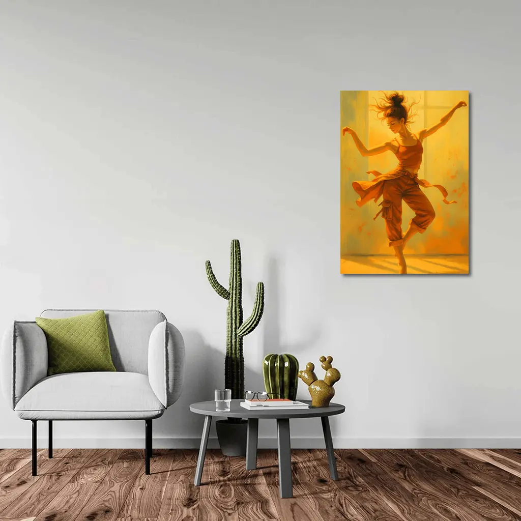 Dancing Woman Warm Golden Yellow Background Art – Wall Art