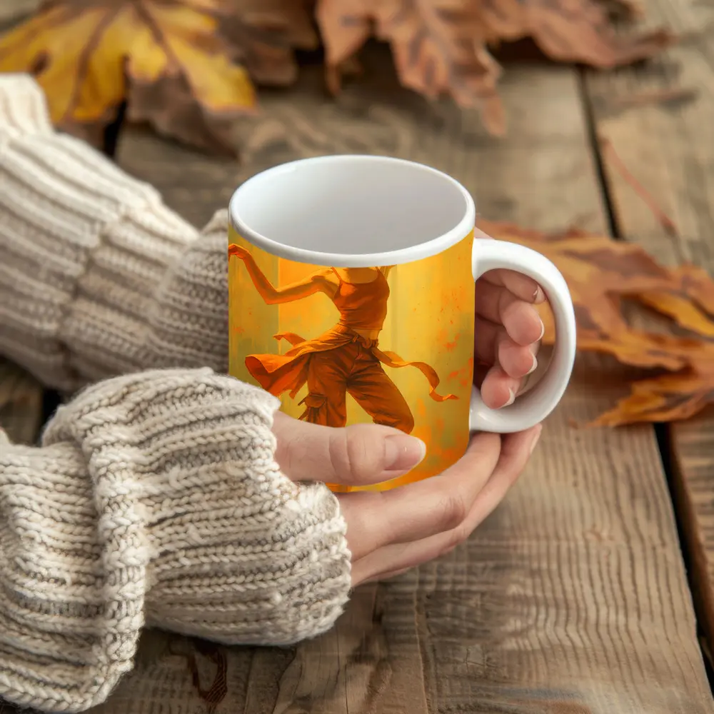 Dancing Woman Warm Golden Yellow Background Art – Mugs