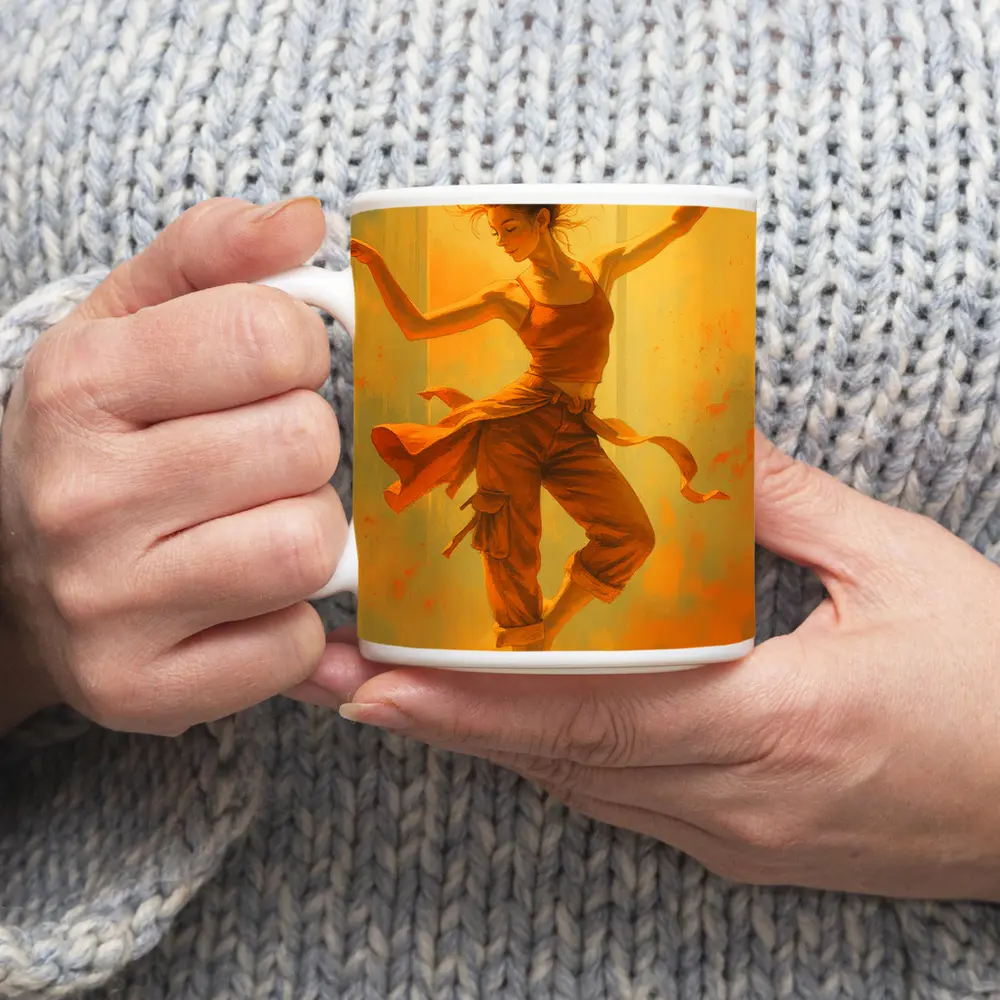 Dancing Woman Warm Golden Yellow Background Art – Mugs