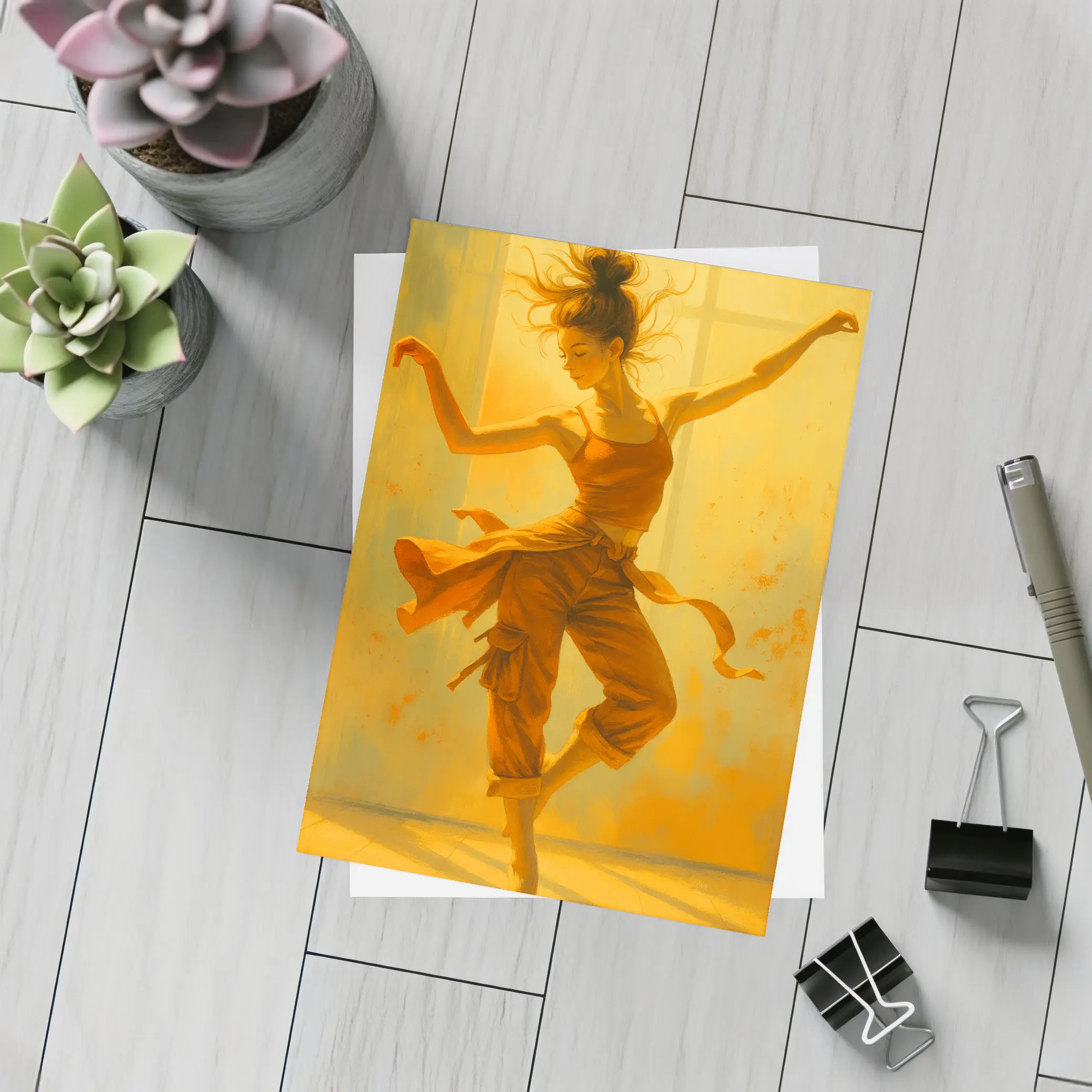 Dancing Woman Warm Golden Yellow Background Art – Postcards