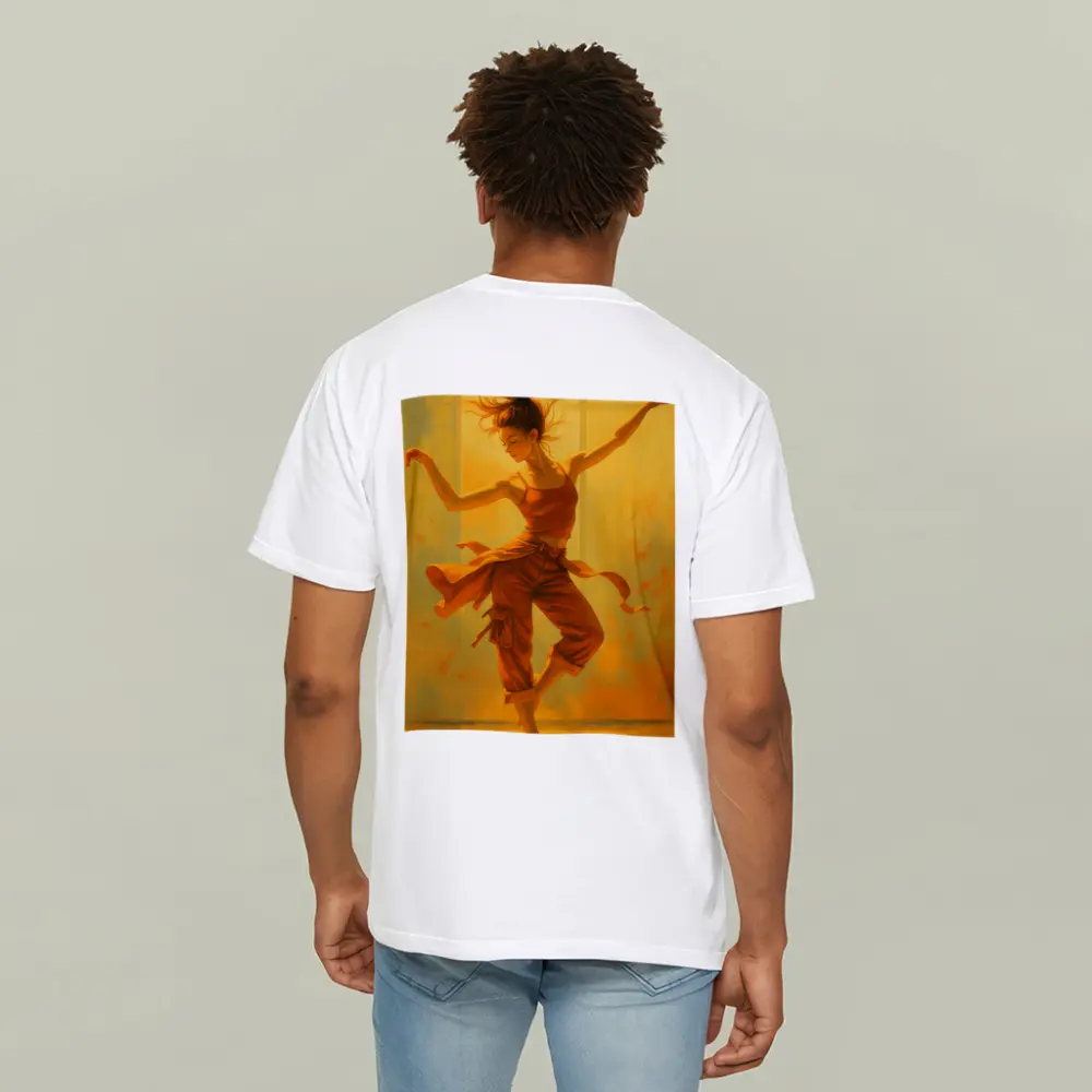 Dancing Woman Warm Golden Yellow Background Art – T-Shirts