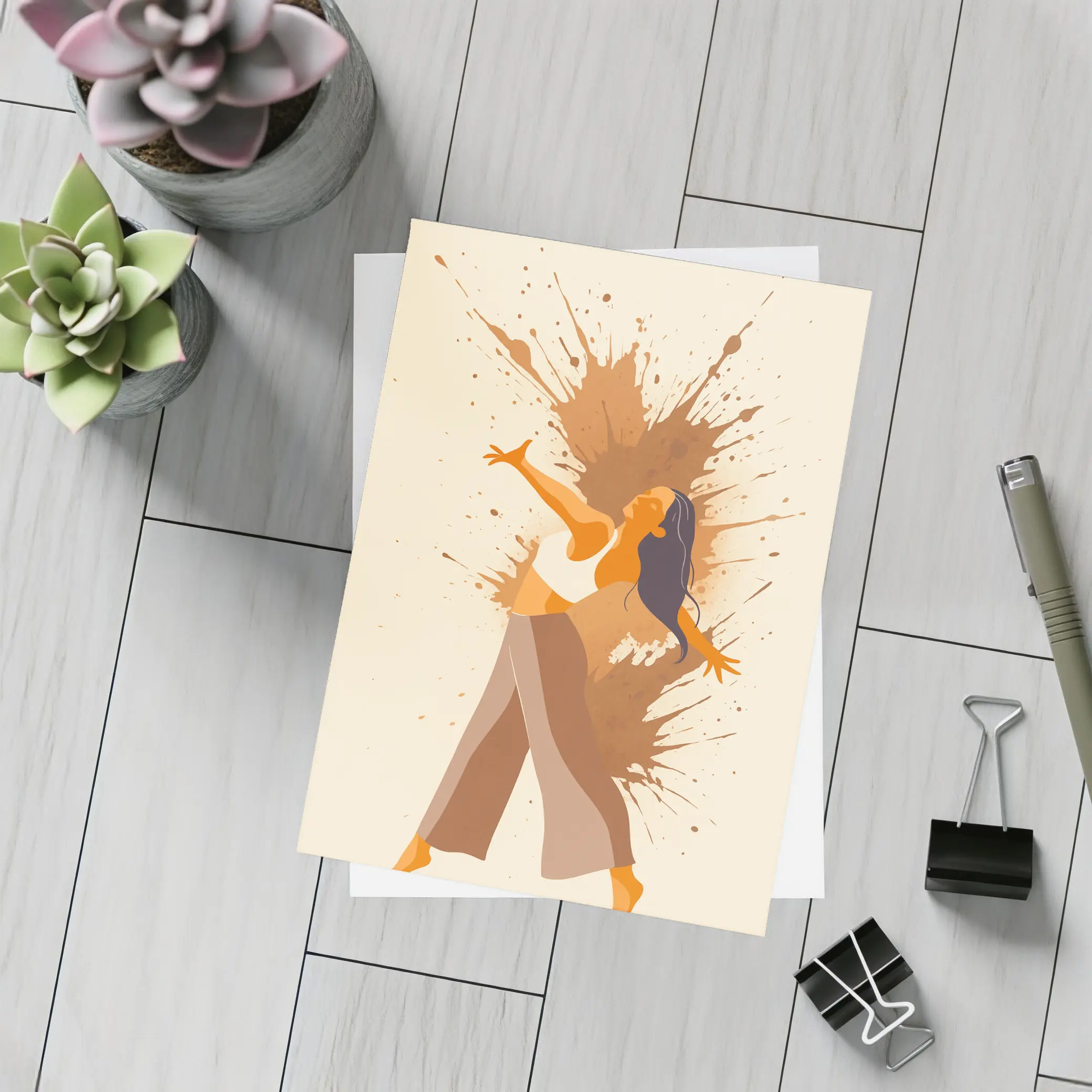 Dancing Woman Paint Splash Abstract Beige Background – Postcards