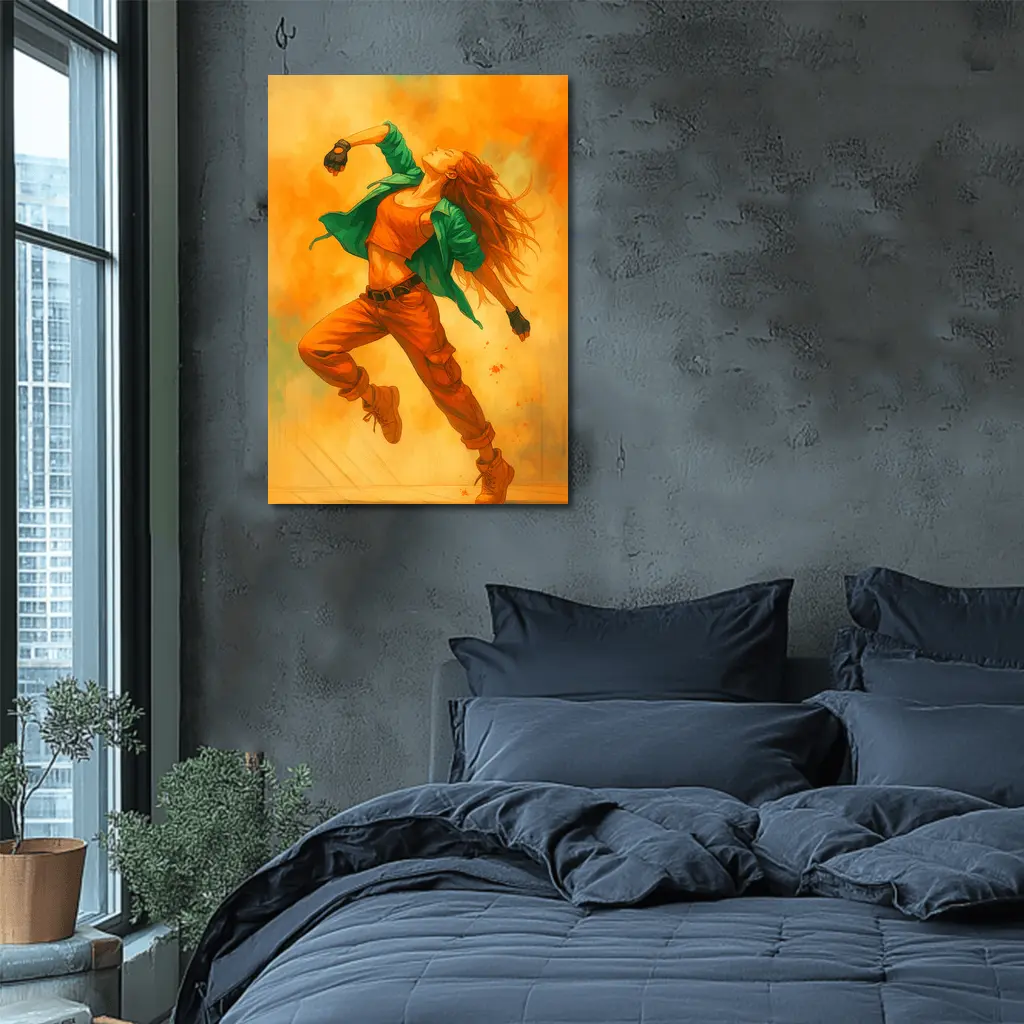 Hip Hop Dancer Girl Orange Watercolor Background – Wall Art