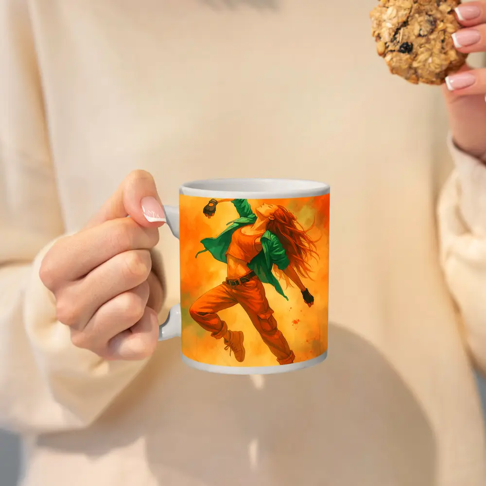 Hip Hop Dancer Girl Orange Watercolor Background – Mugs