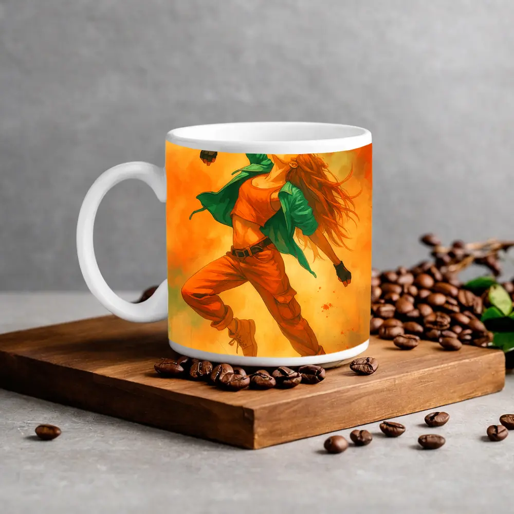 Hip Hop Dancer Girl Orange Watercolor Background – Mugs