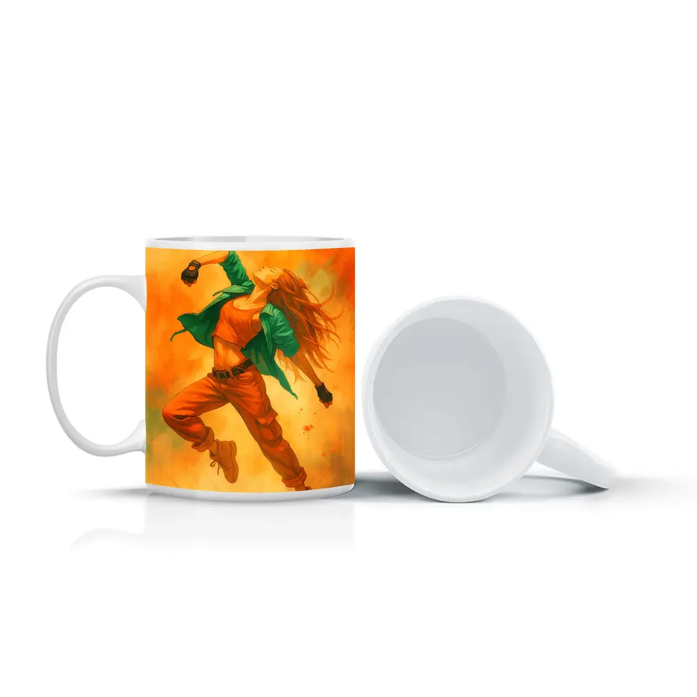 Hip Hop Dancer Girl Orange Watercolor Background – Mugs