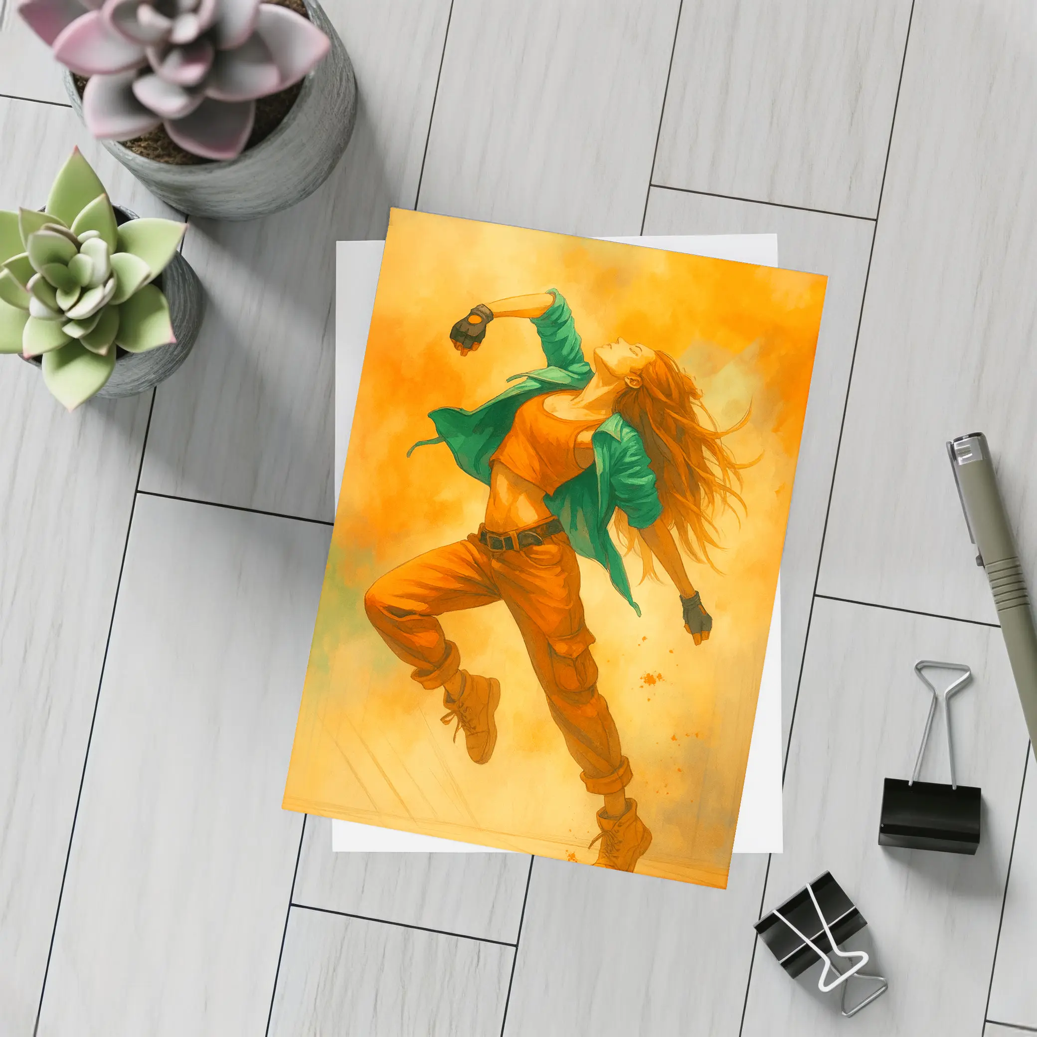 Hip Hop Dancer Girl Orange Watercolor Background – Postcards
