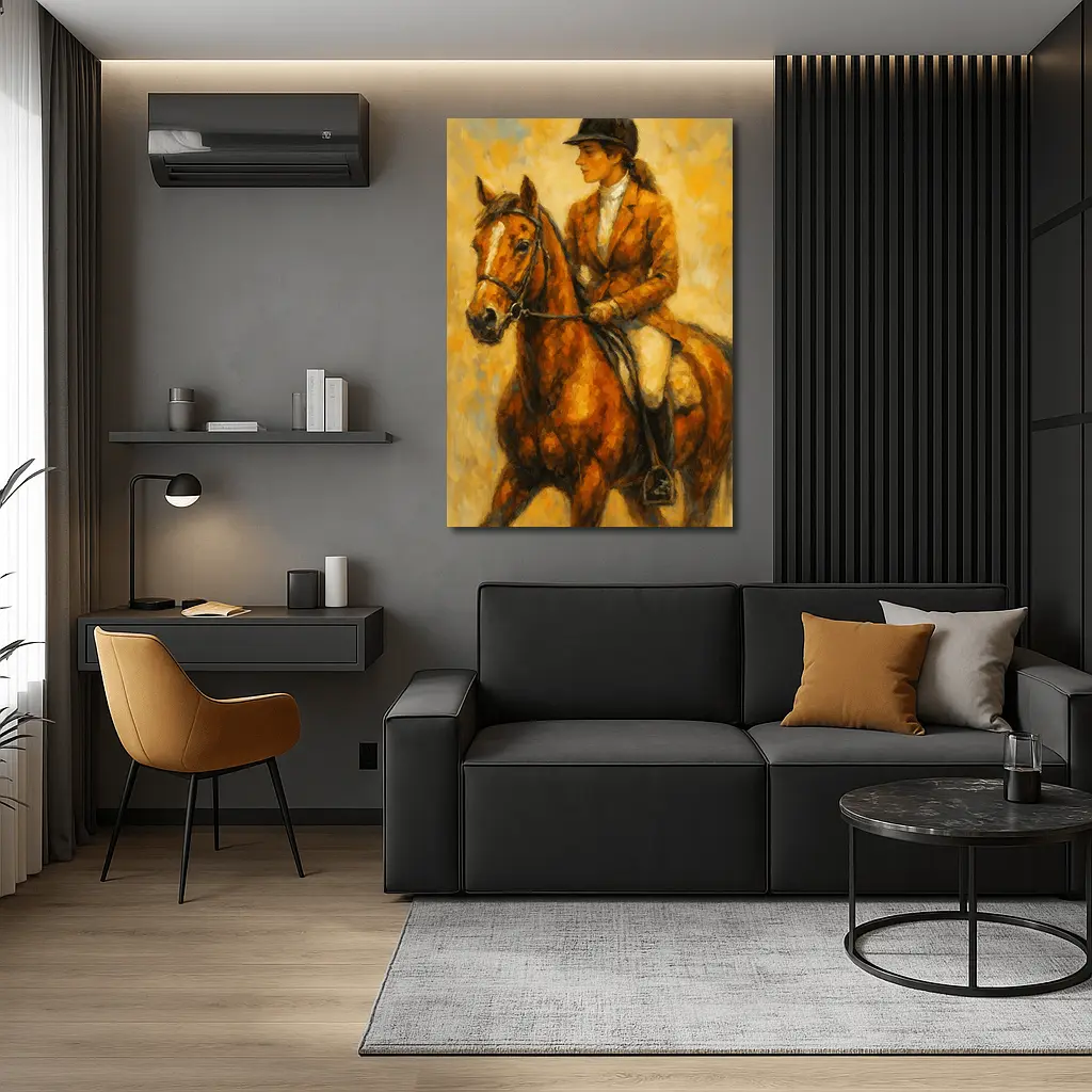 Equestrian Woman Riding Chestnut Horse Oil Painting – Wall Art