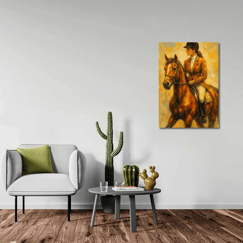 Equestrian Woman Riding Chestnut Horse Oil Painting – Wall Art