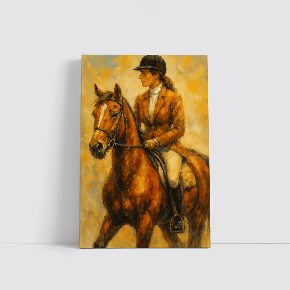 Equestrian Woman Riding Chestnut Horse Oil Painting – Wall Art