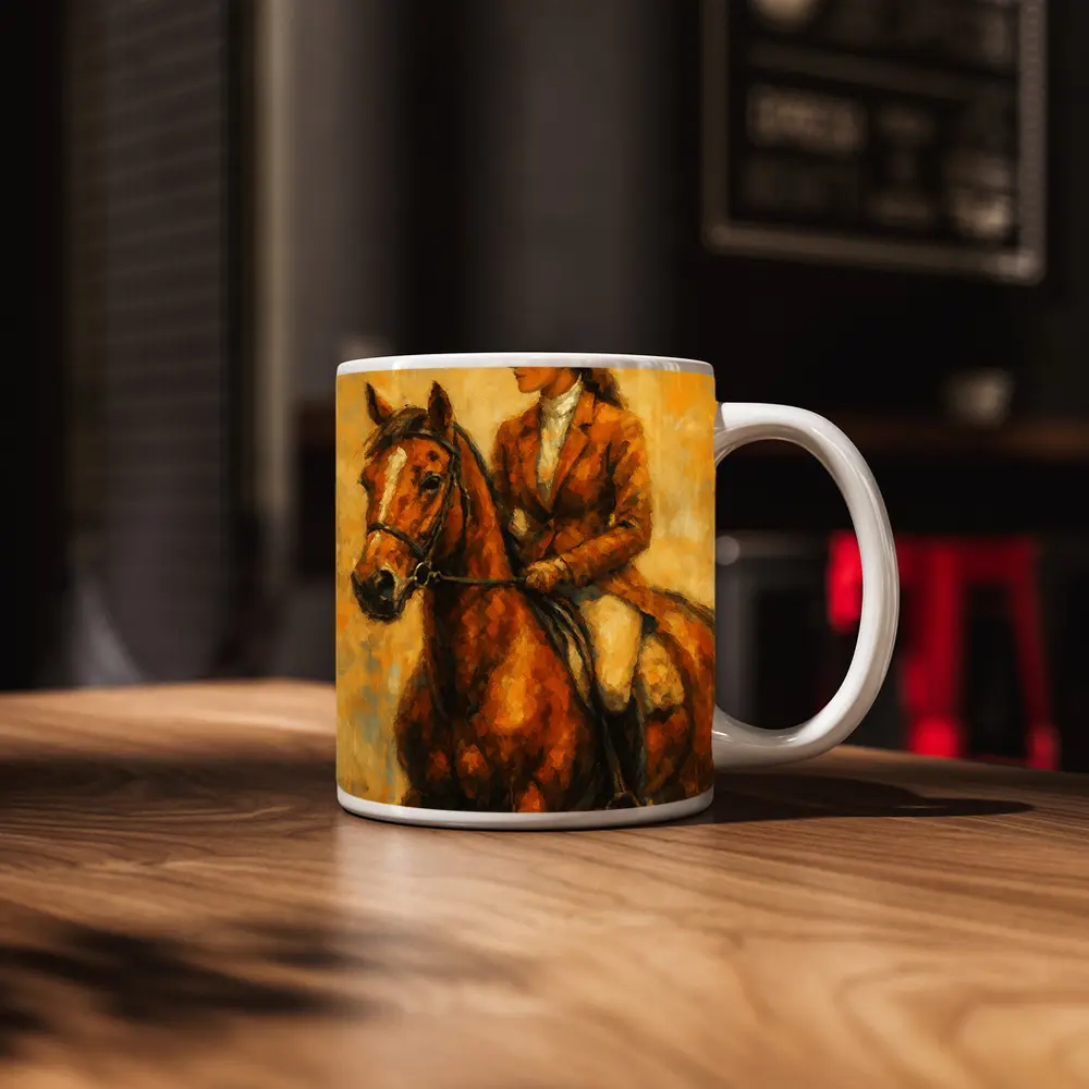 Equestrian Woman Riding Chestnut Horse Oil Painting – Mugs