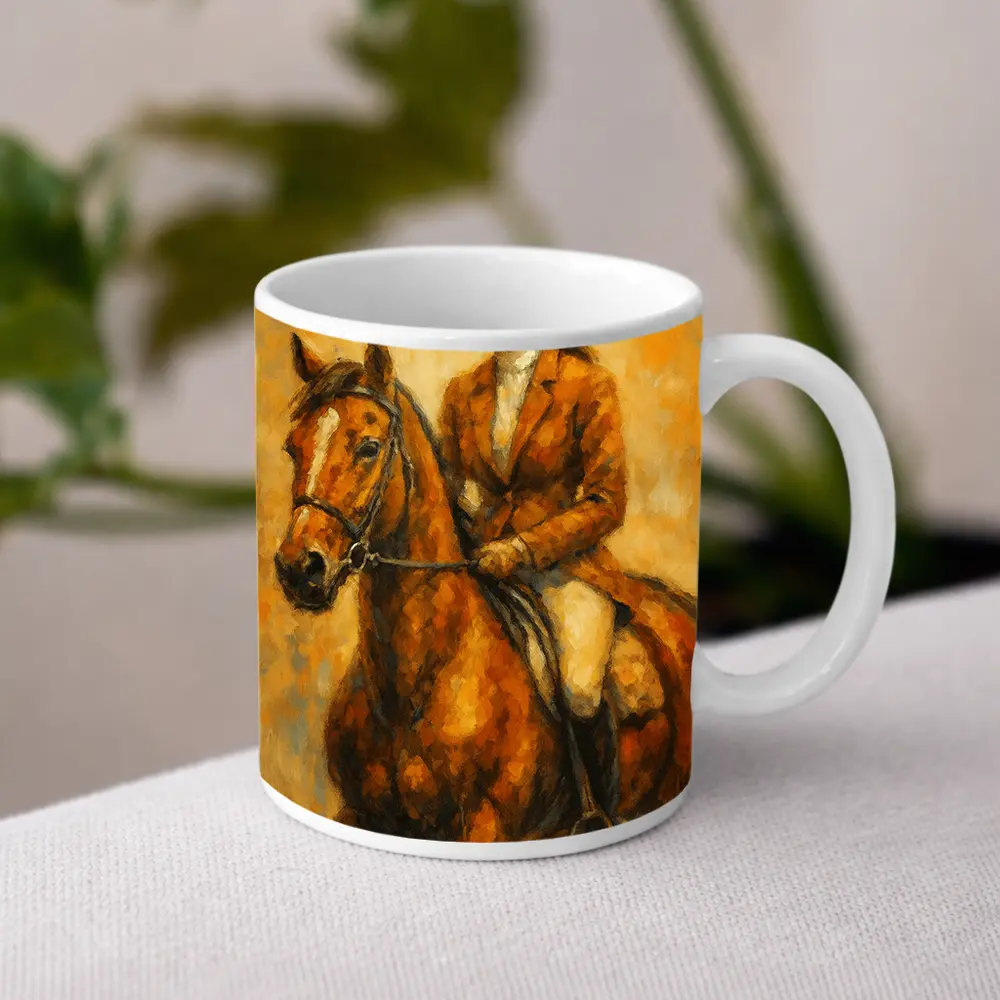 Equestrian Woman Riding Chestnut Horse Oil Painting – Mugs