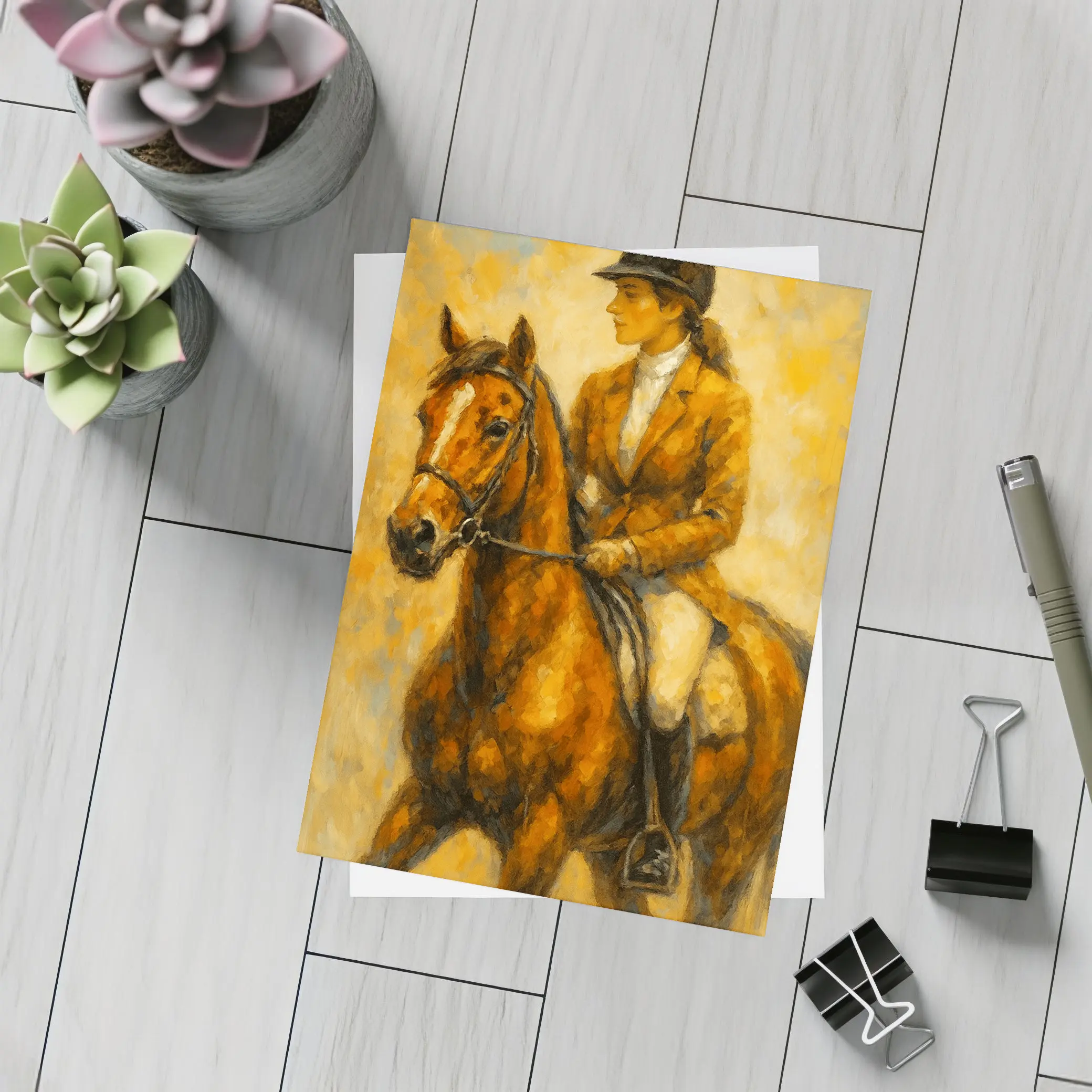 Equestrian Woman Riding Chestnut Horse Oil Painting – Postcards