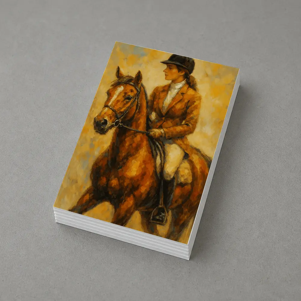 Equestrian Woman Riding Chestnut Horse Oil Painting – Postcards