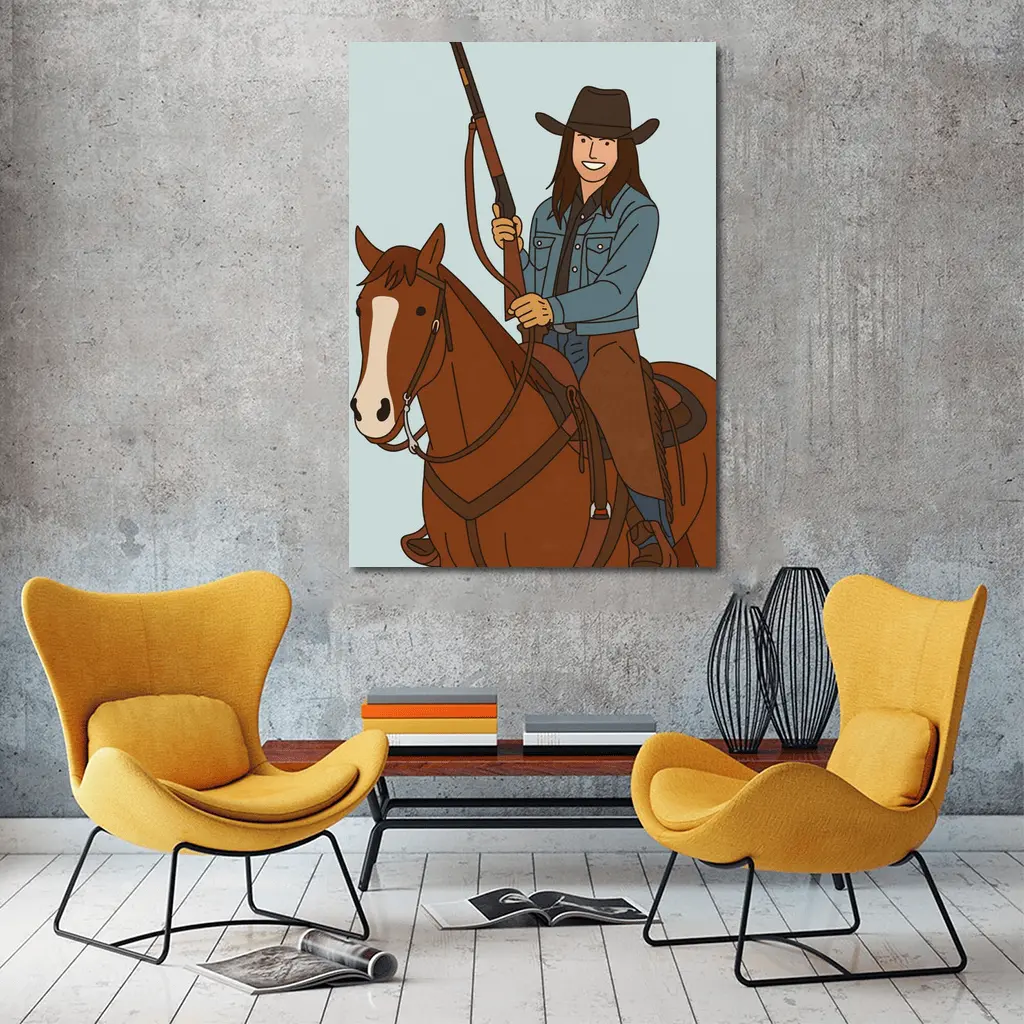 Cowgirl On Horseback With Rifle Cartoon – Wall Art