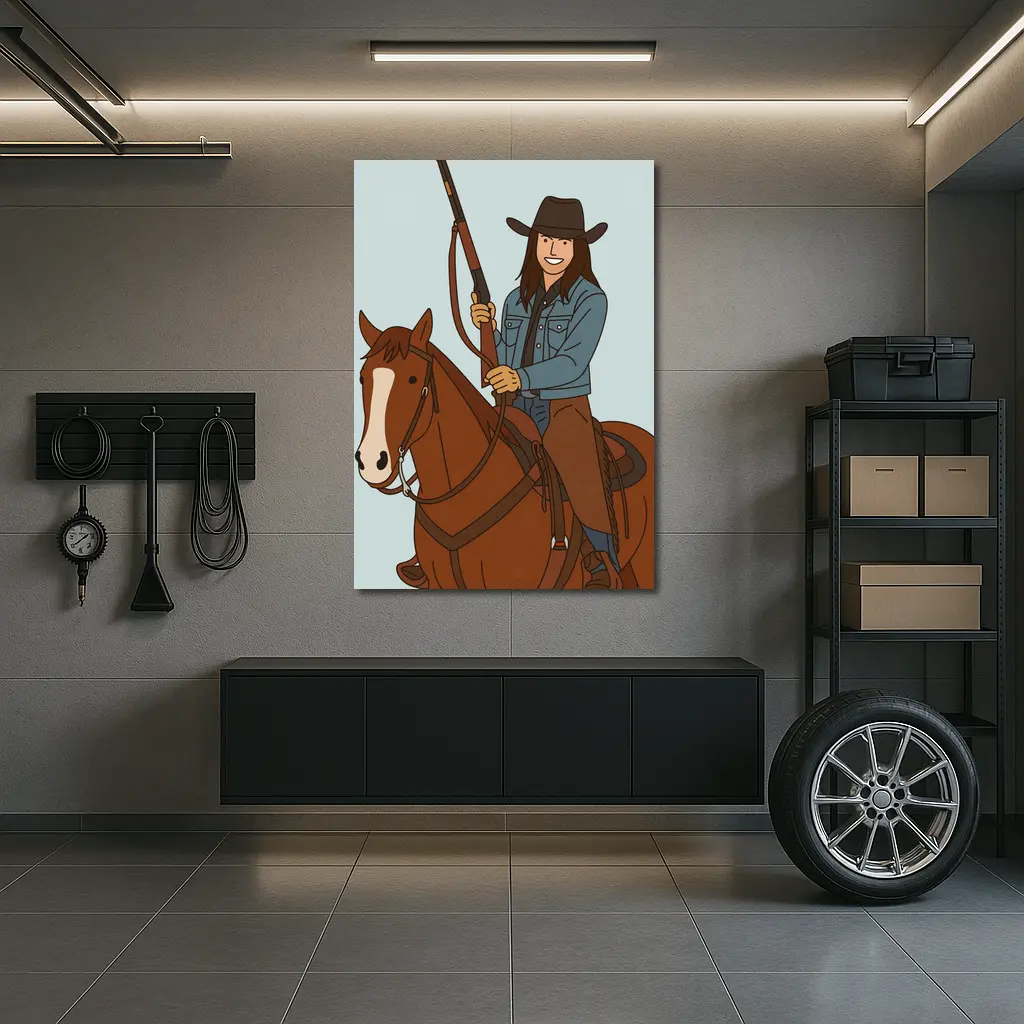 Cowgirl On Horseback With Rifle Cartoon – Wall Art