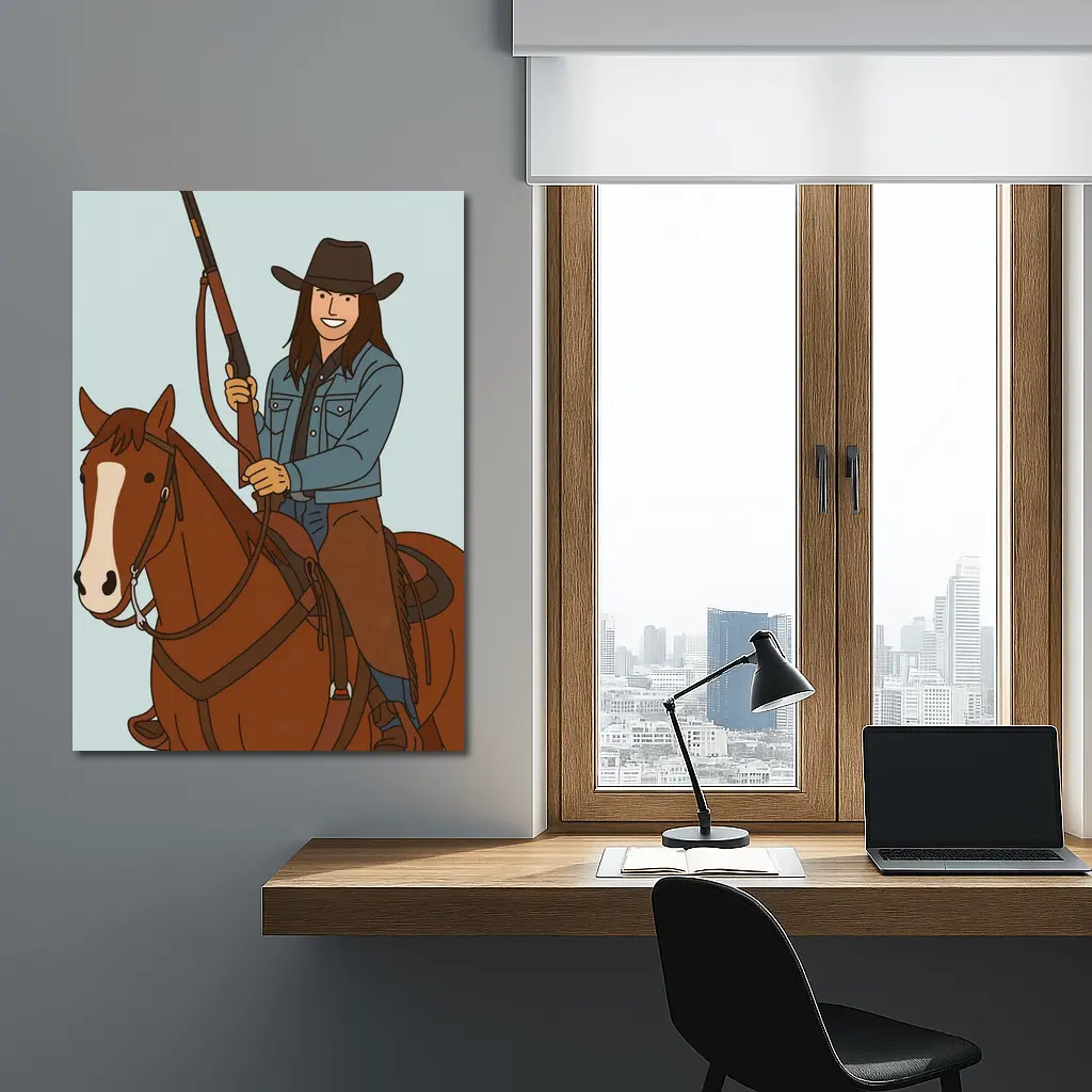 Cowgirl On Horseback With Rifle Cartoon – Wall Art