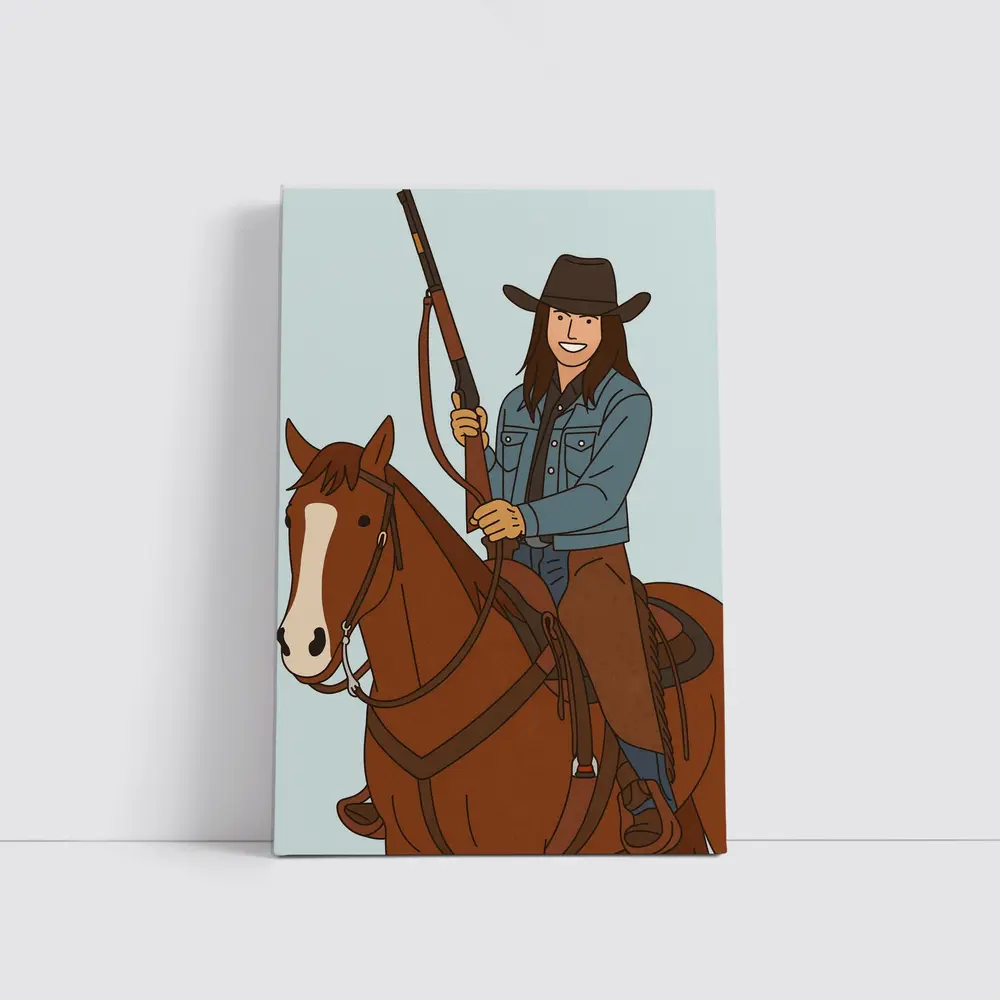 Cowgirl On Horseback With Rifle Cartoon – Wall Art