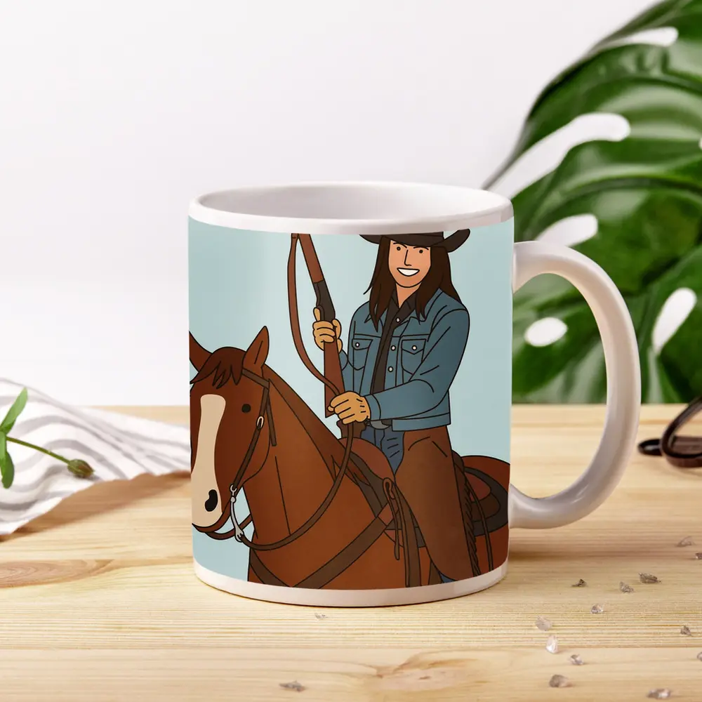 Cowgirl On Horseback With Rifle Cartoon – Mugs
