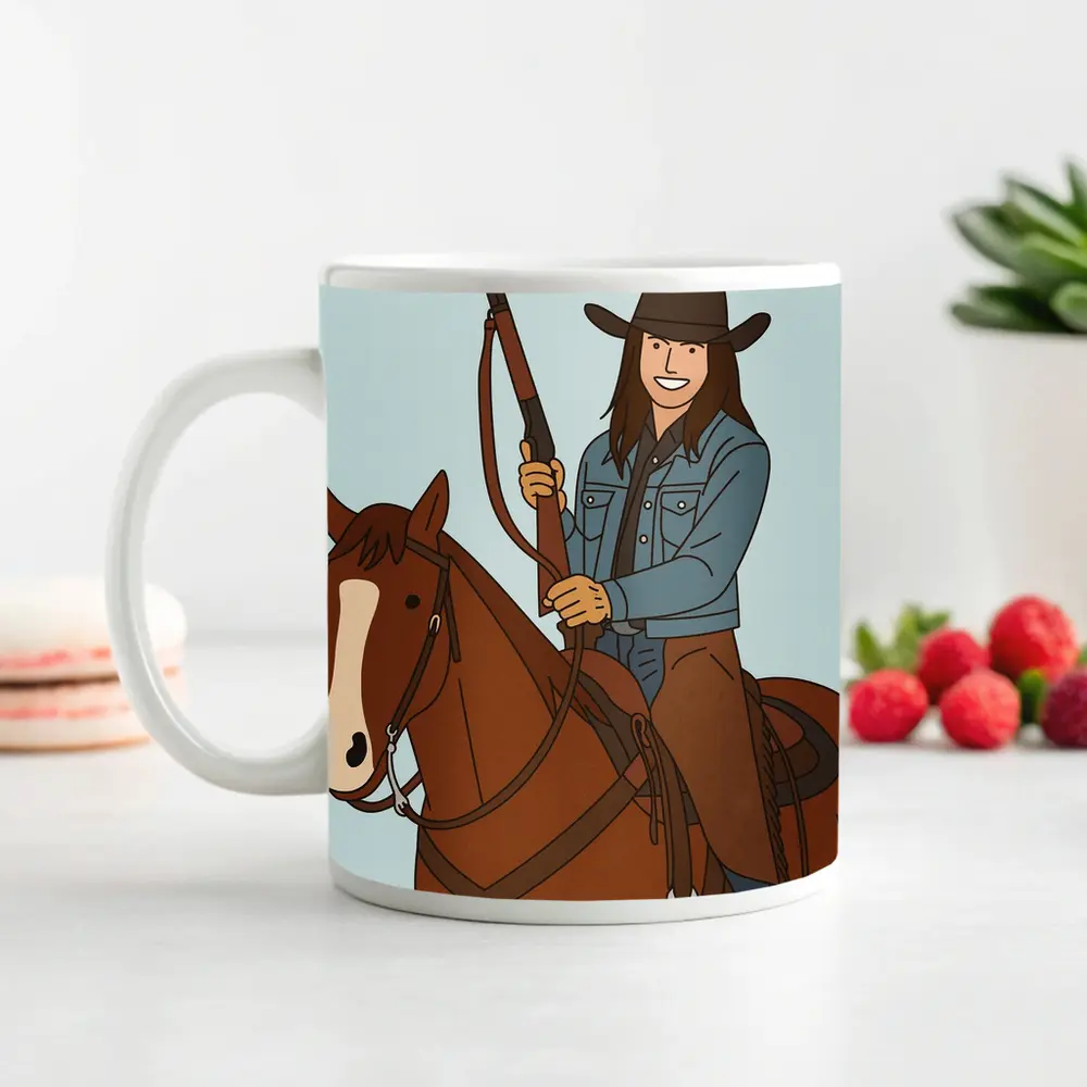 Cowgirl On Horseback With Rifle Cartoon – Mugs