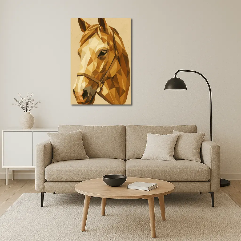 Low Poly Horse Portrait Warm Beige Background – Wall Art