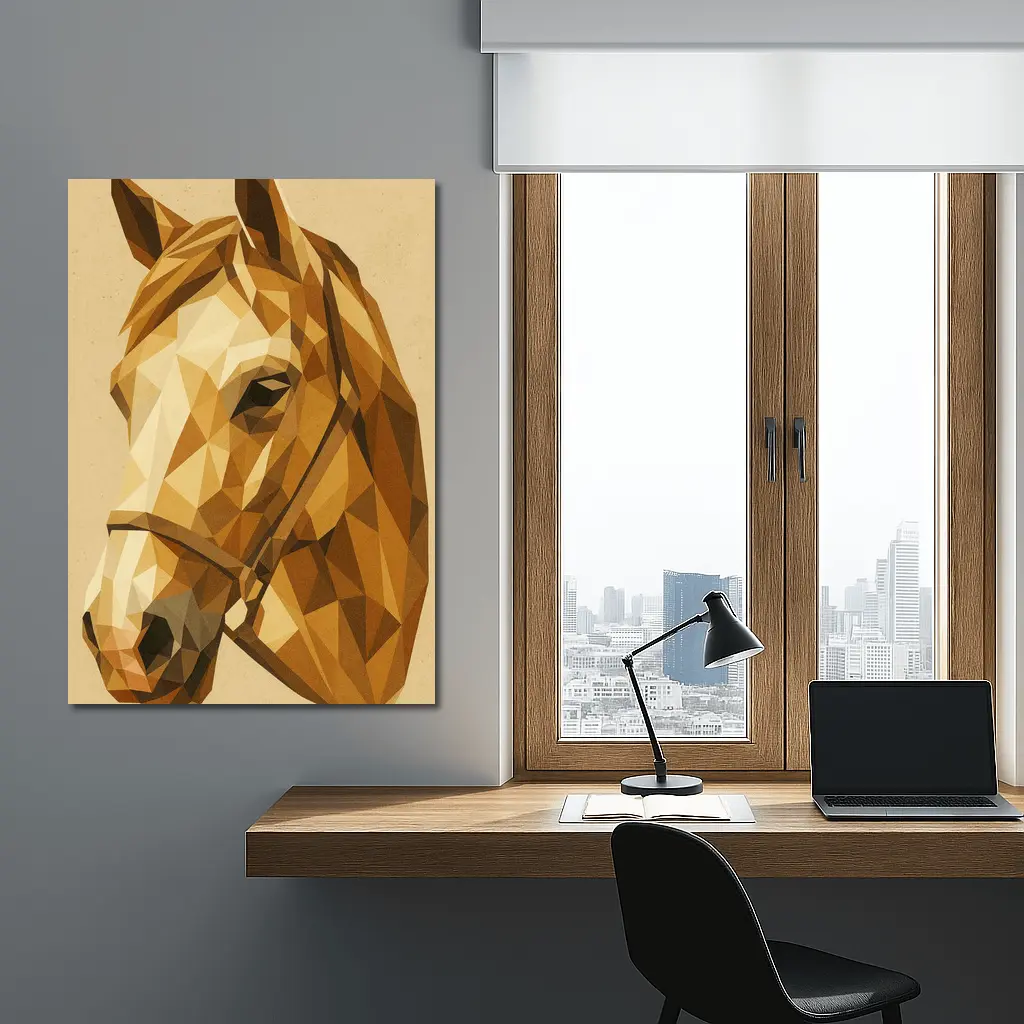 Low Poly Horse Portrait Warm Beige Background – Wall Art
