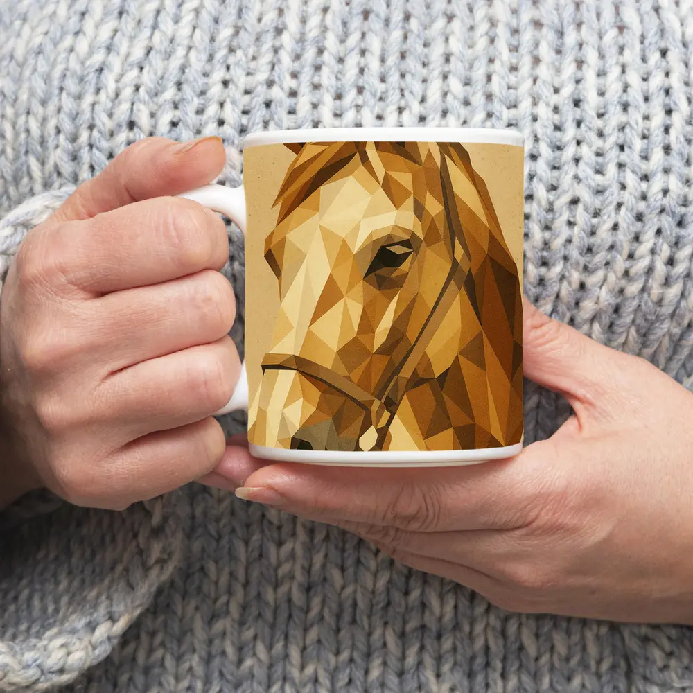 Low Poly Horse Portrait Warm Beige Background – Mugs