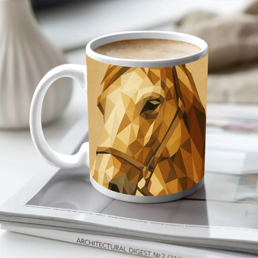 Low Poly Horse Portrait Warm Beige Background – Mugs