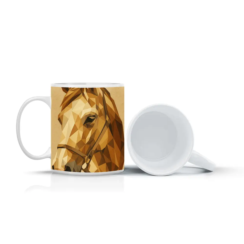 Low Poly Horse Portrait Warm Beige Background – Mugs