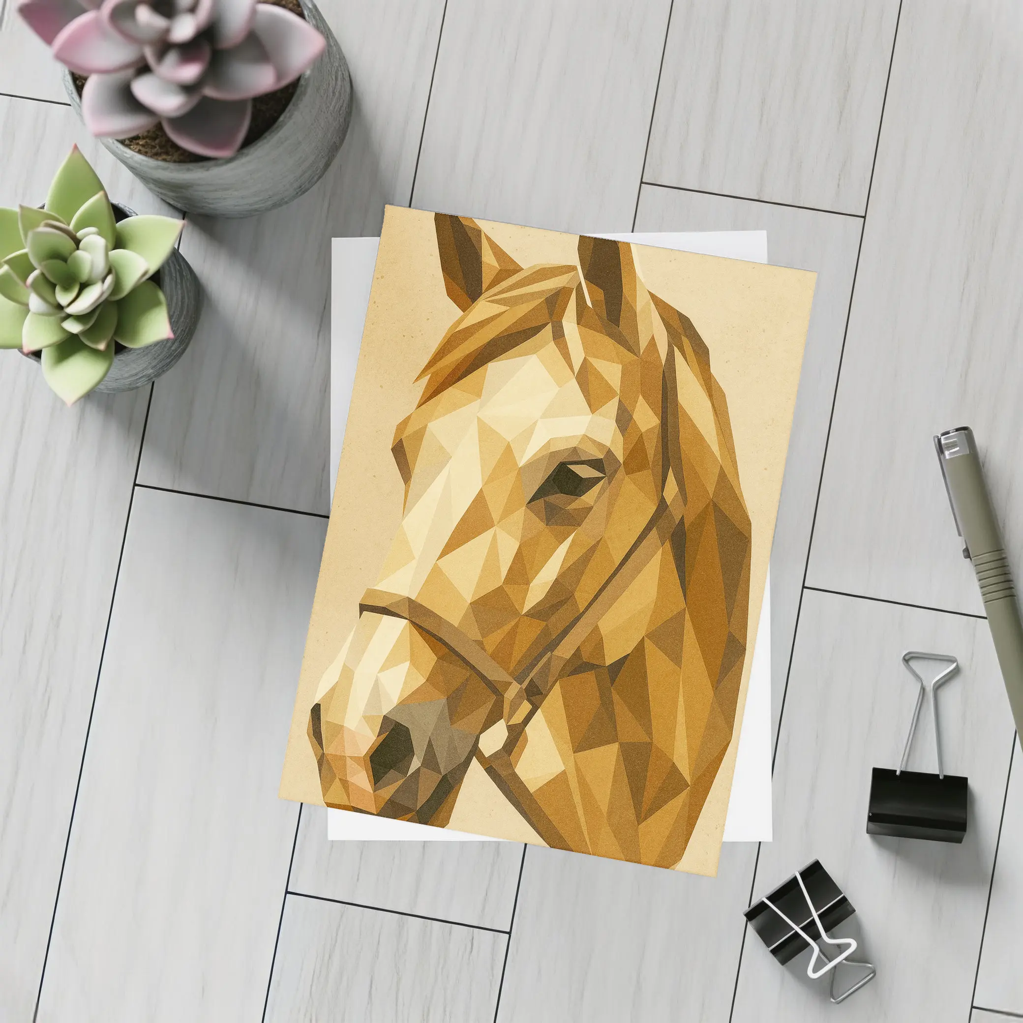 Low Poly Horse Portrait Warm Beige Background – Postcards