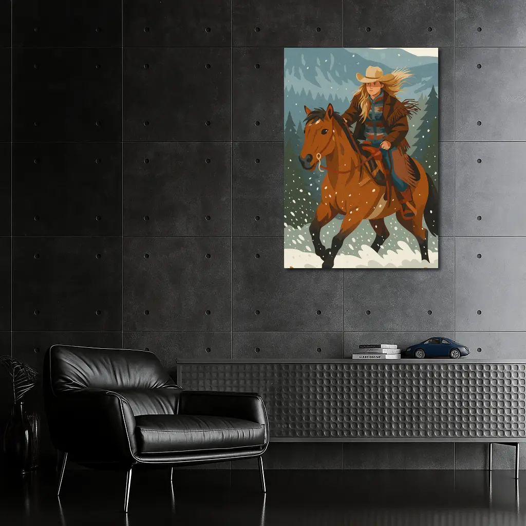 Cowgirl Riding Horse Snowy Winter Forest – Wall Art