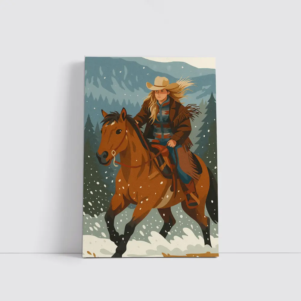 Cowgirl Riding Horse Snowy Winter Forest – Wall Art