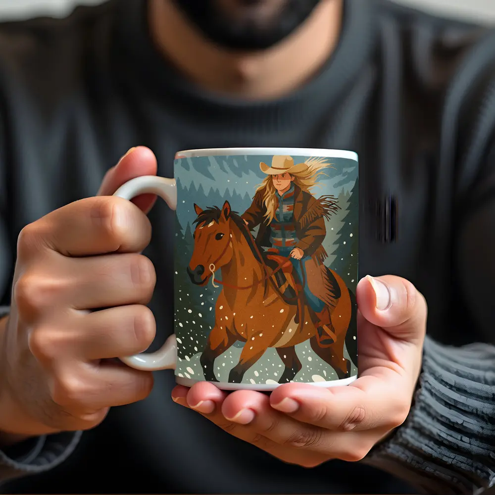 Cowgirl Riding Horse Snowy Winter Forest – Mugs