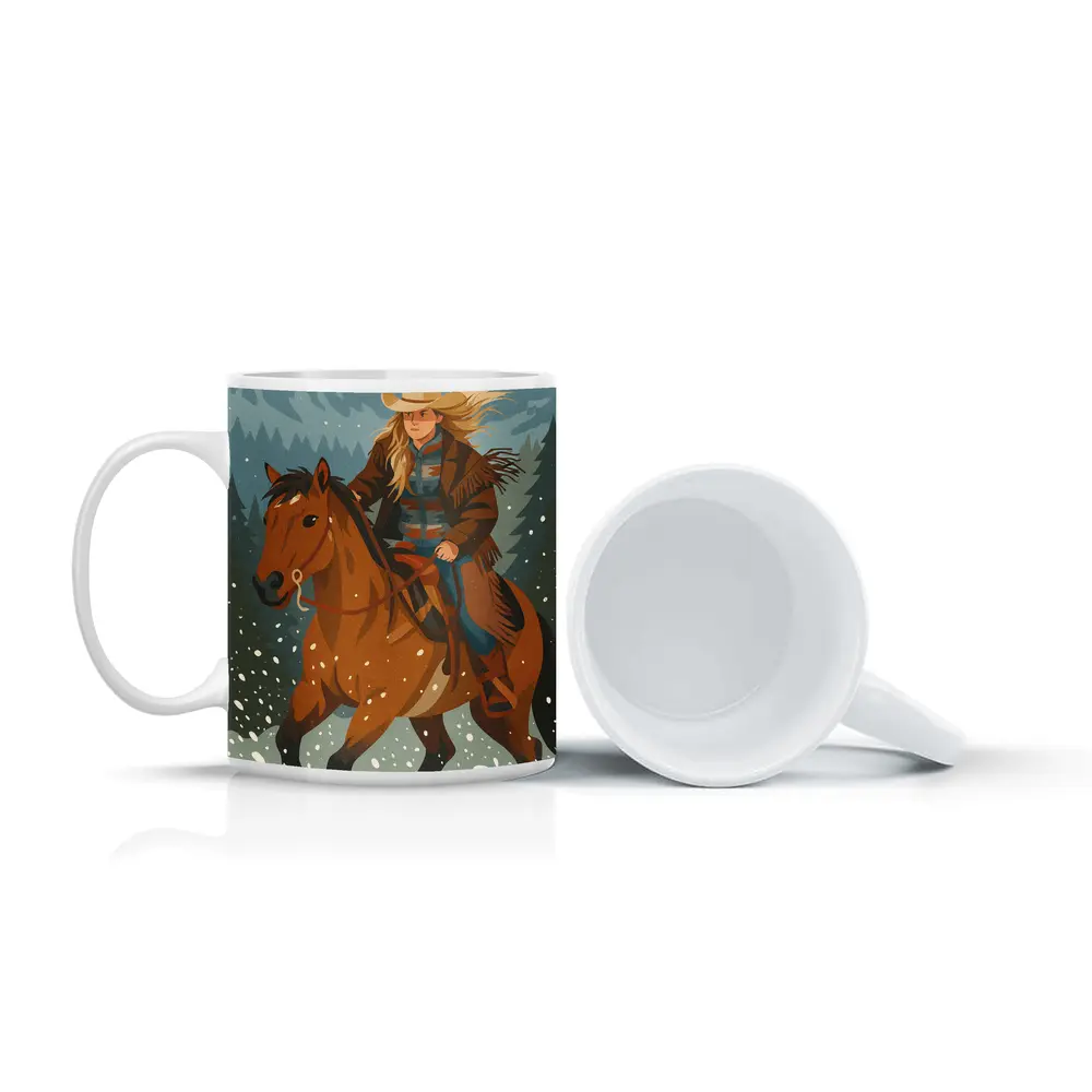 Cowgirl Riding Horse Snowy Winter Forest – Mugs