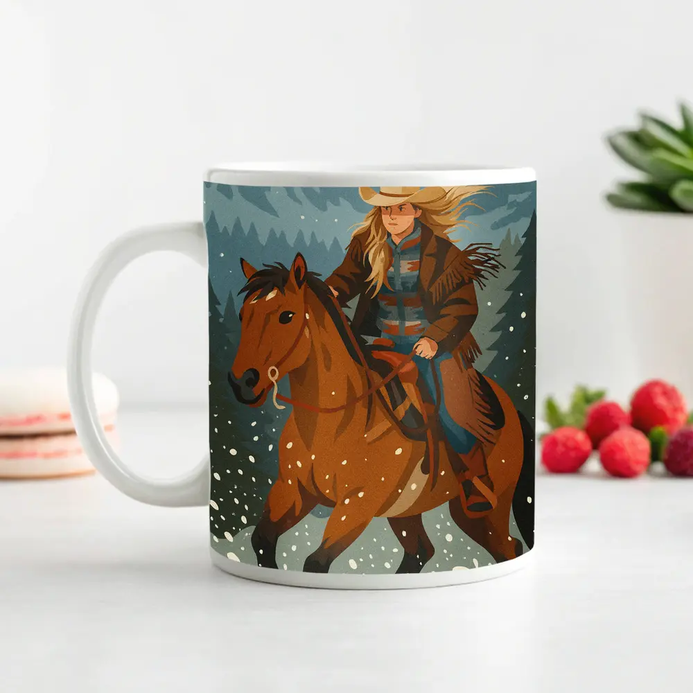 Cowgirl Riding Horse Snowy Winter Forest – Mugs