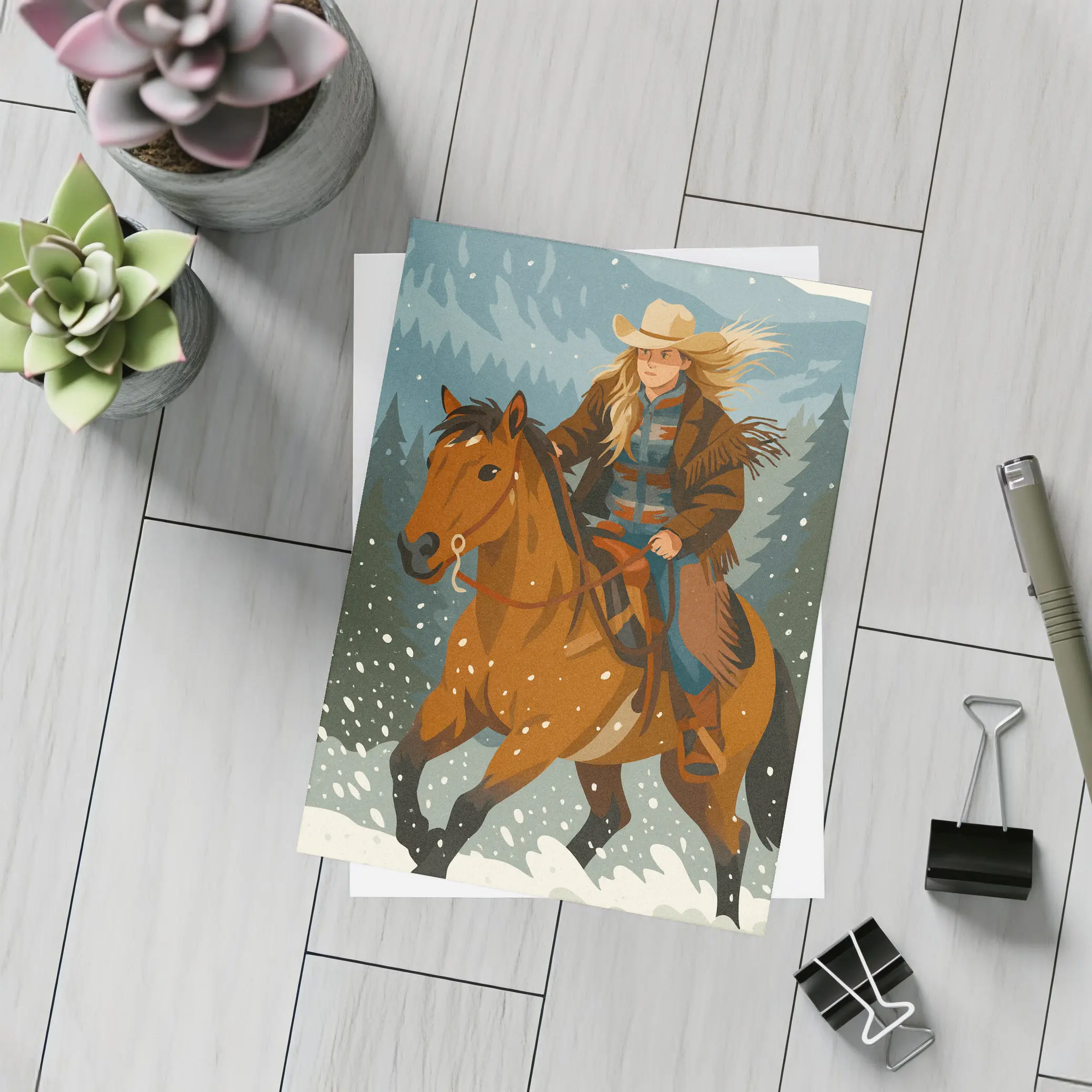 Cowgirl Riding Horse Snowy Winter Forest – Postcards