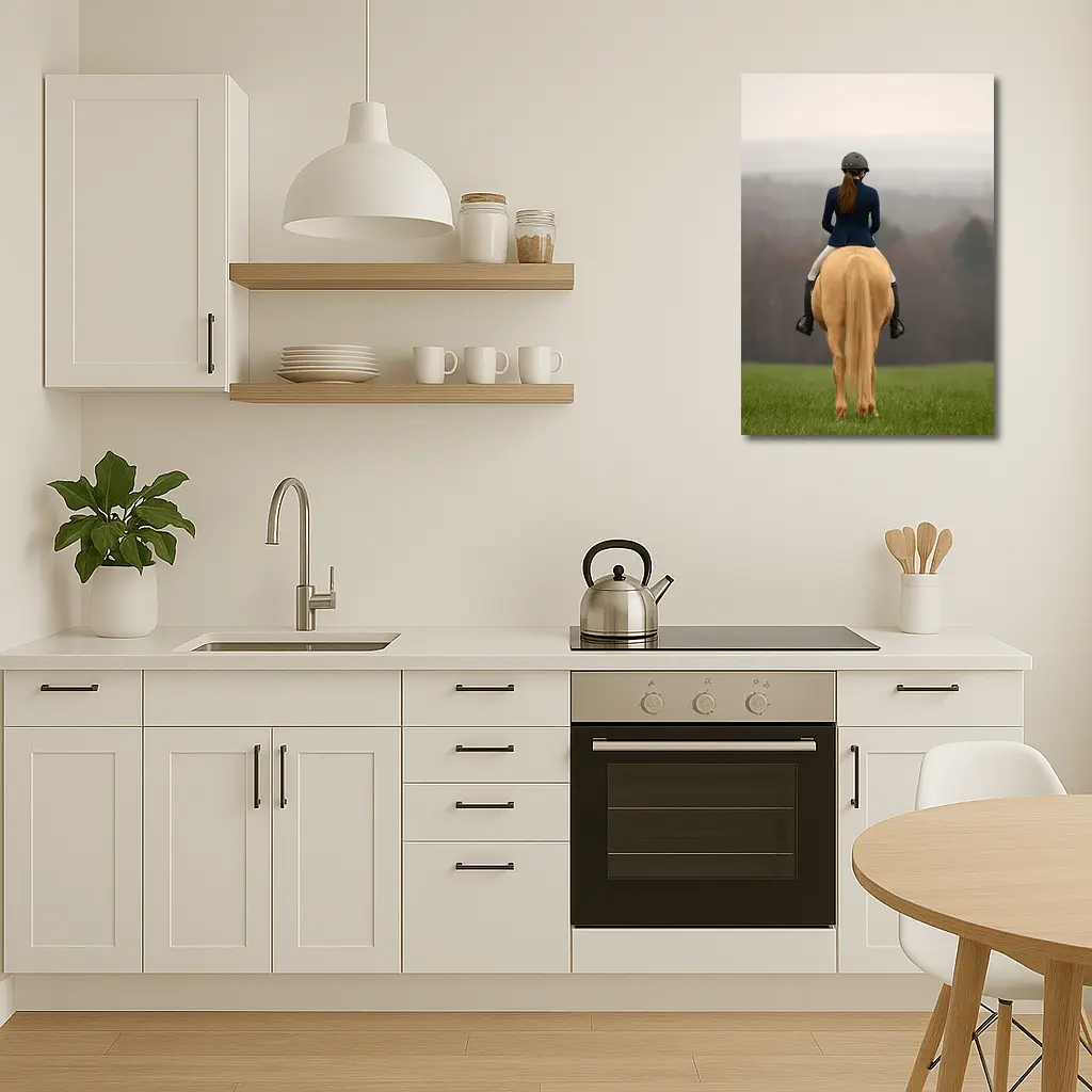 Equestrian Rider on Palomino Horse Green Field – Wall Art