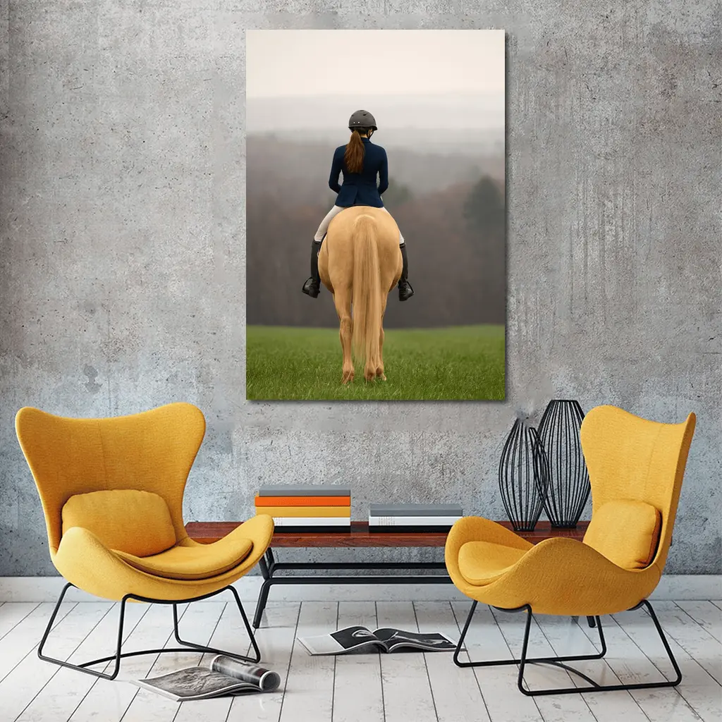 Equestrian Rider on Palomino Horse Green Field – Wall Art