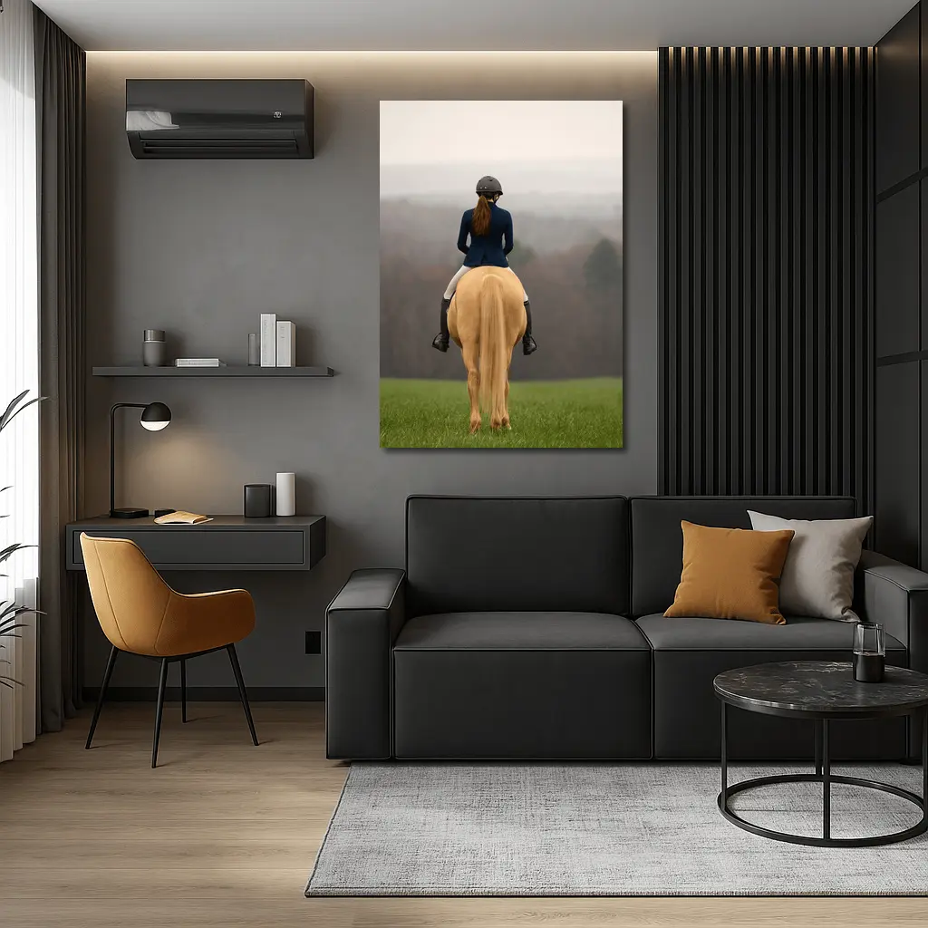 Equestrian Rider on Palomino Horse Green Field – Wall Art