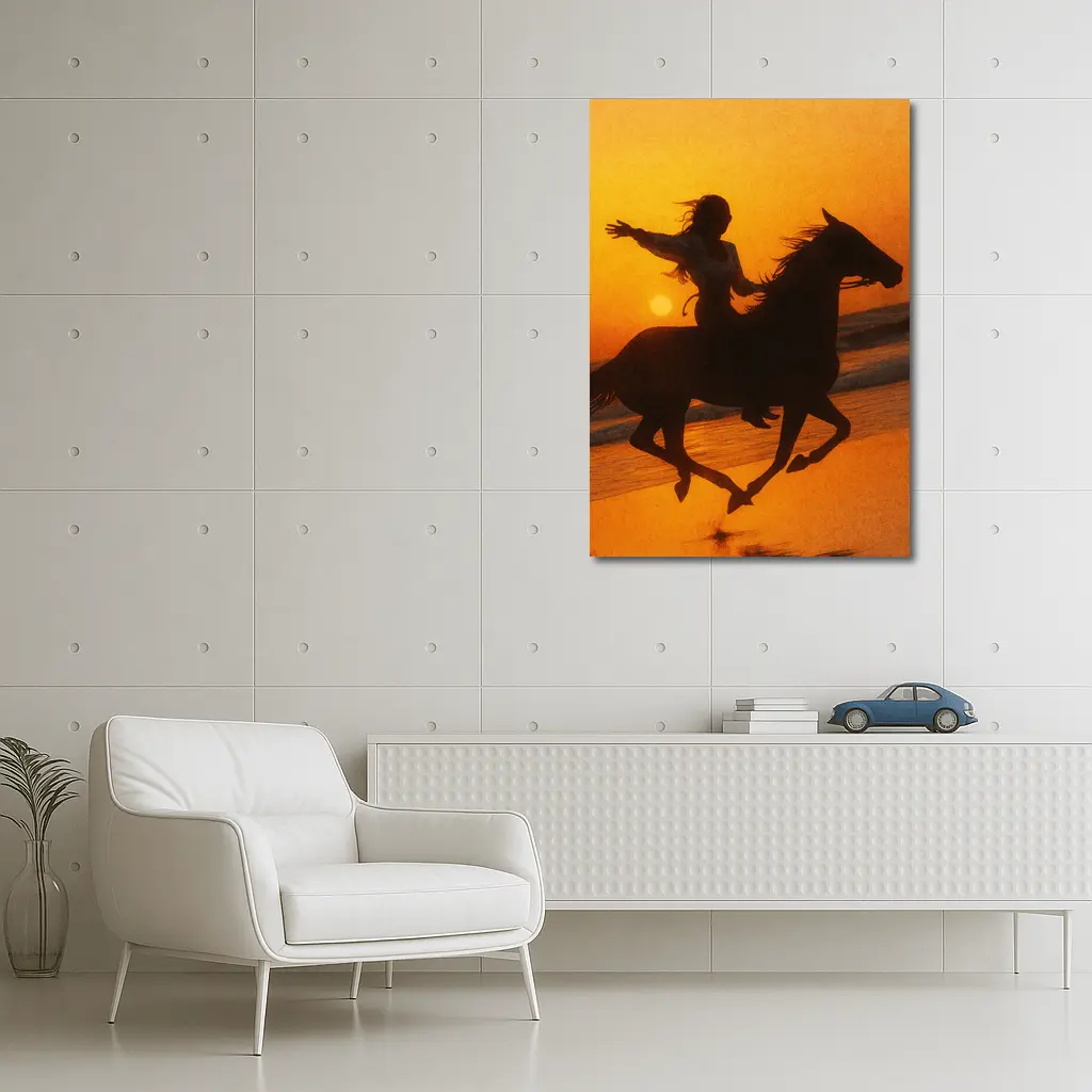 Woman Riding Horse Beach Sunset Silhouette – Wall Art