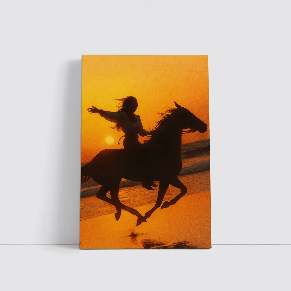 Woman Riding Horse Beach Sunset Silhouette – Wall Art