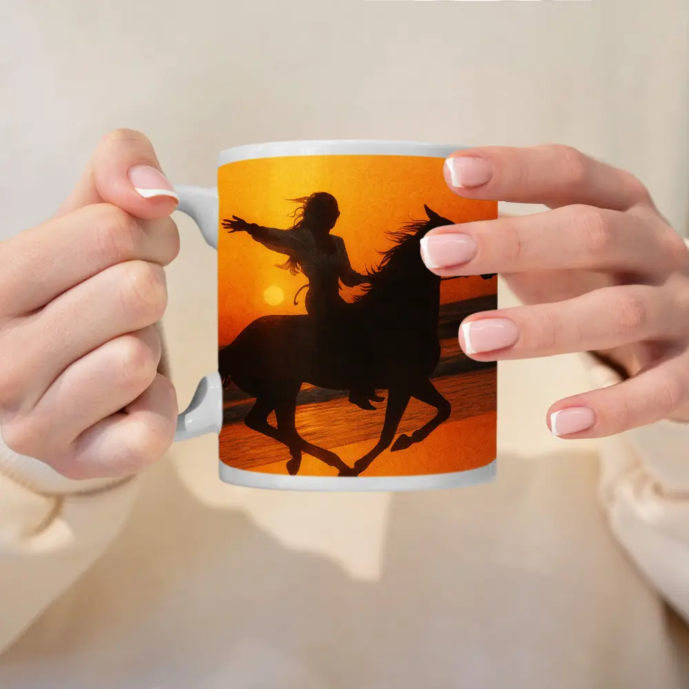 Woman Riding Horse Beach Sunset Silhouette – Mugs
