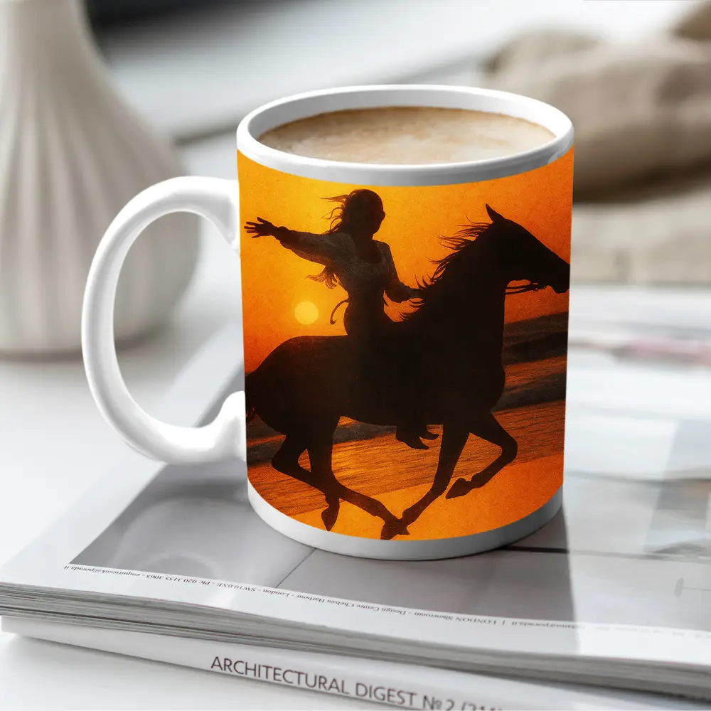 Woman Riding Horse Beach Sunset Silhouette – Mugs