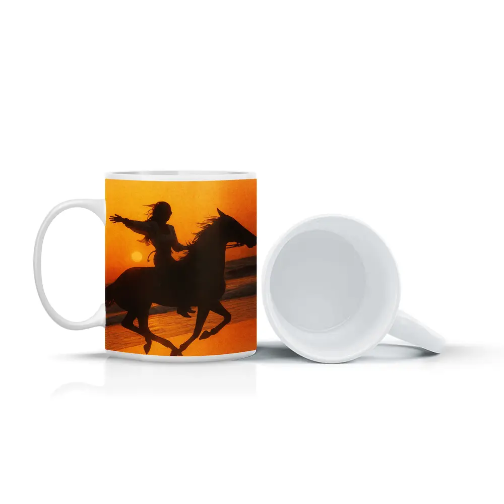 Woman Riding Horse Beach Sunset Silhouette – Mugs