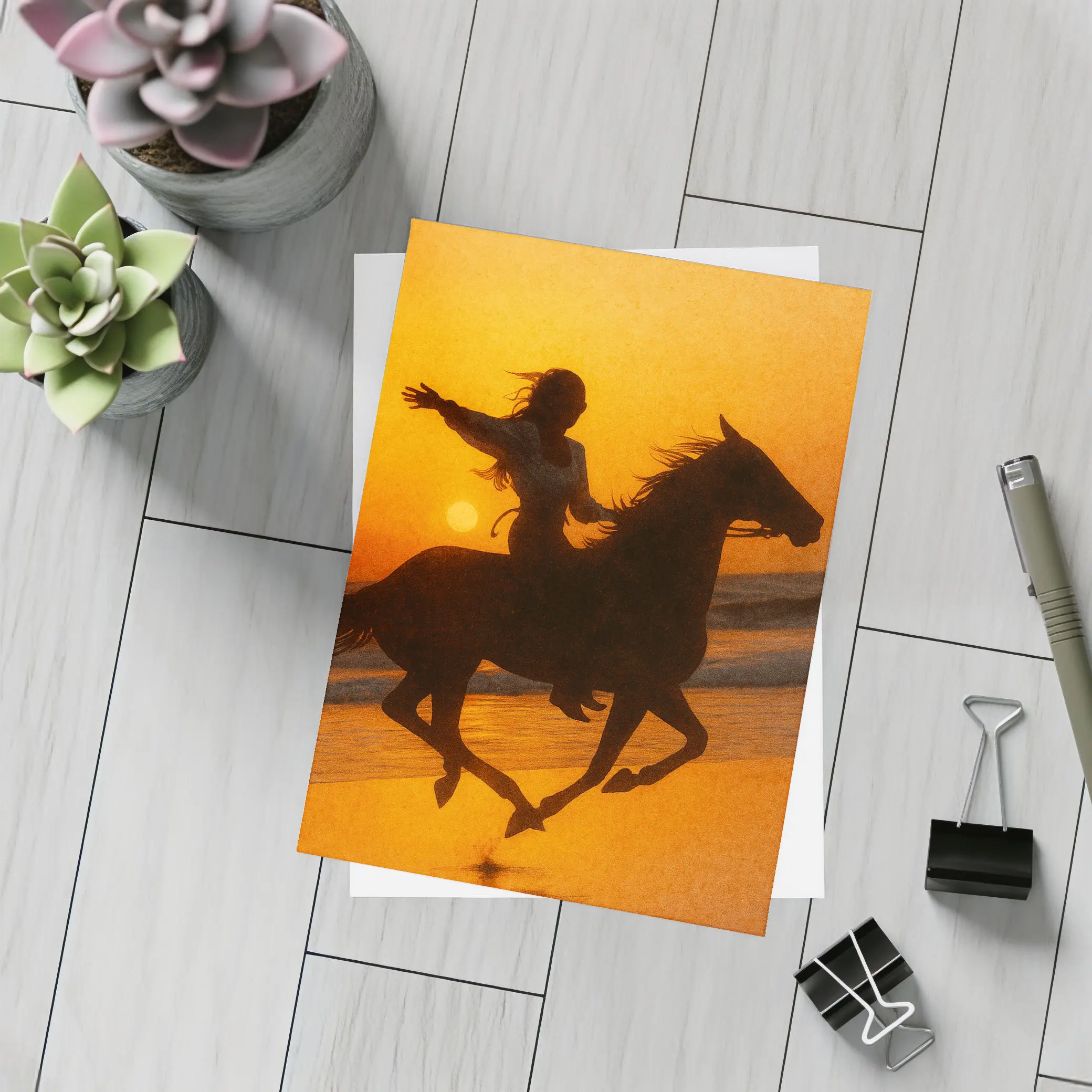 Woman Riding Horse Beach Sunset Silhouette – Postcards