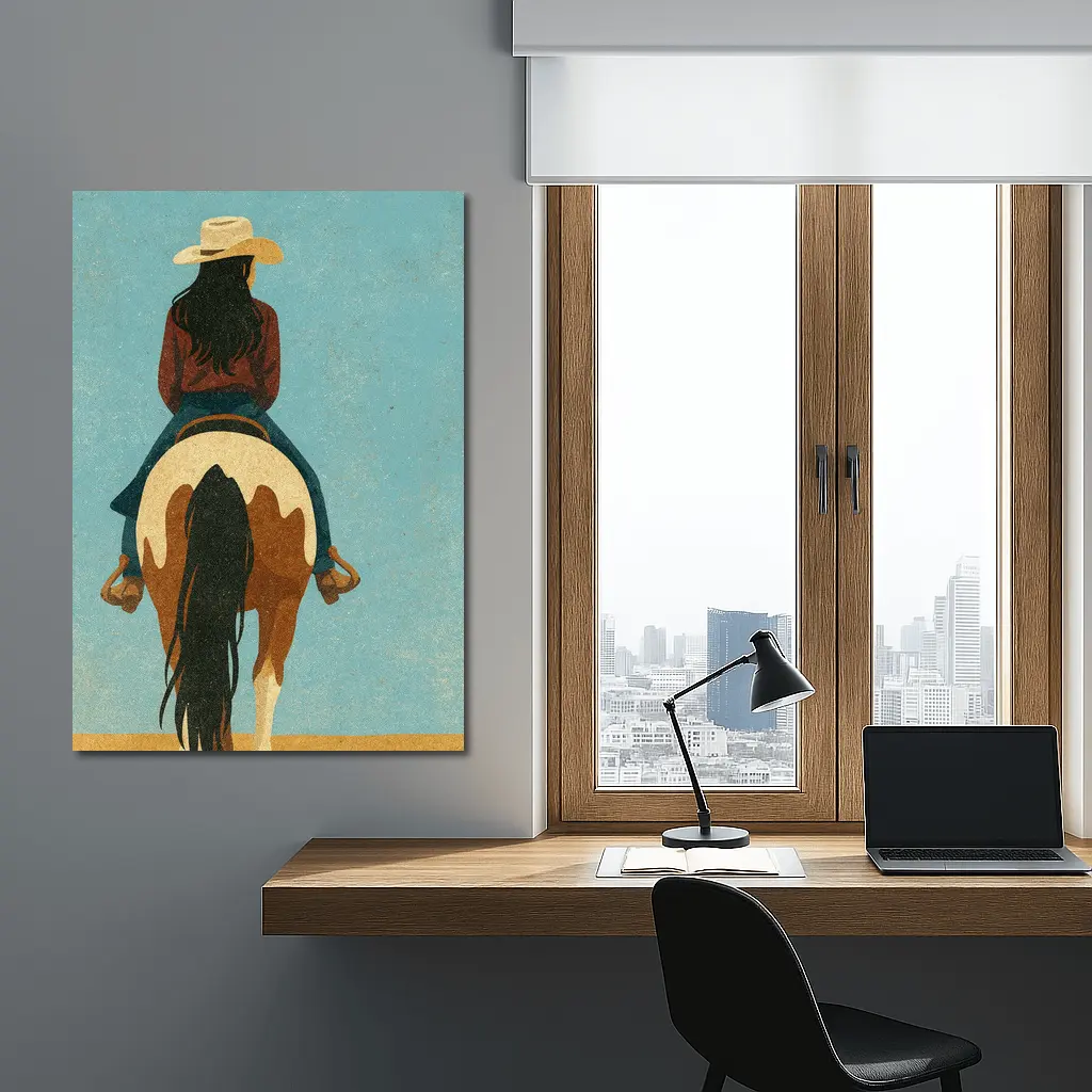 Cowgirl Riding Paint Horse Teal Background – Wall Art