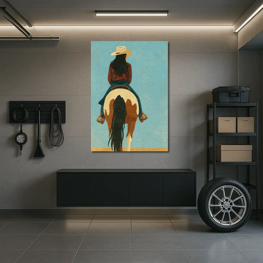 Cowgirl Riding Paint Horse Teal Background – Wall Art