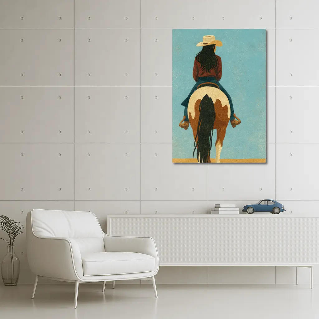 Cowgirl Riding Paint Horse Teal Background – Wall Art