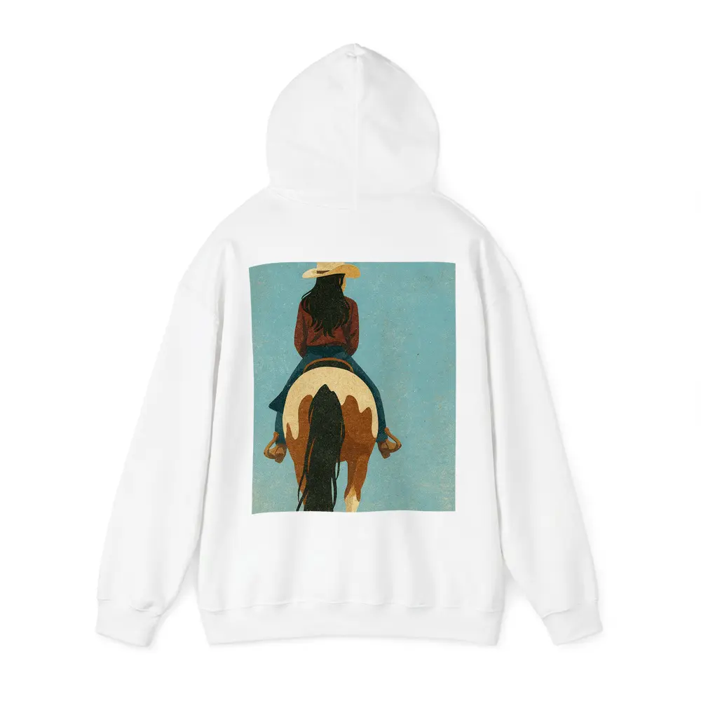 Cowgirl Riding Paint Horse Teal Background – Hoodies
