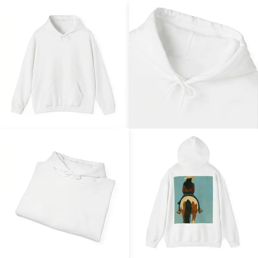 Cowgirl Riding Paint Horse Teal Background – Hoodies